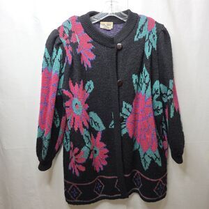 Vtg J M Joss Floral Cardigan Womens S Sweater Wool  Mohair Shoulder Pads 80s Y2K